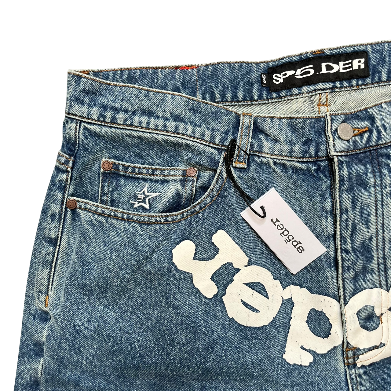 SP5DER OG LOGO DENIM SHORTS BLUE WASH