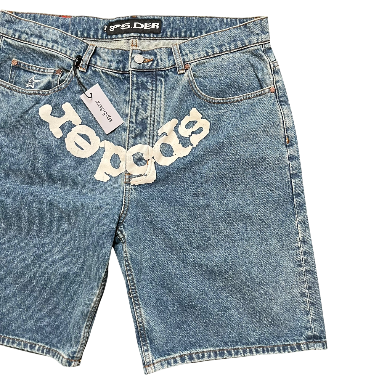 SP5DER OG LOGO DENIM SHORTS BLUE WASH