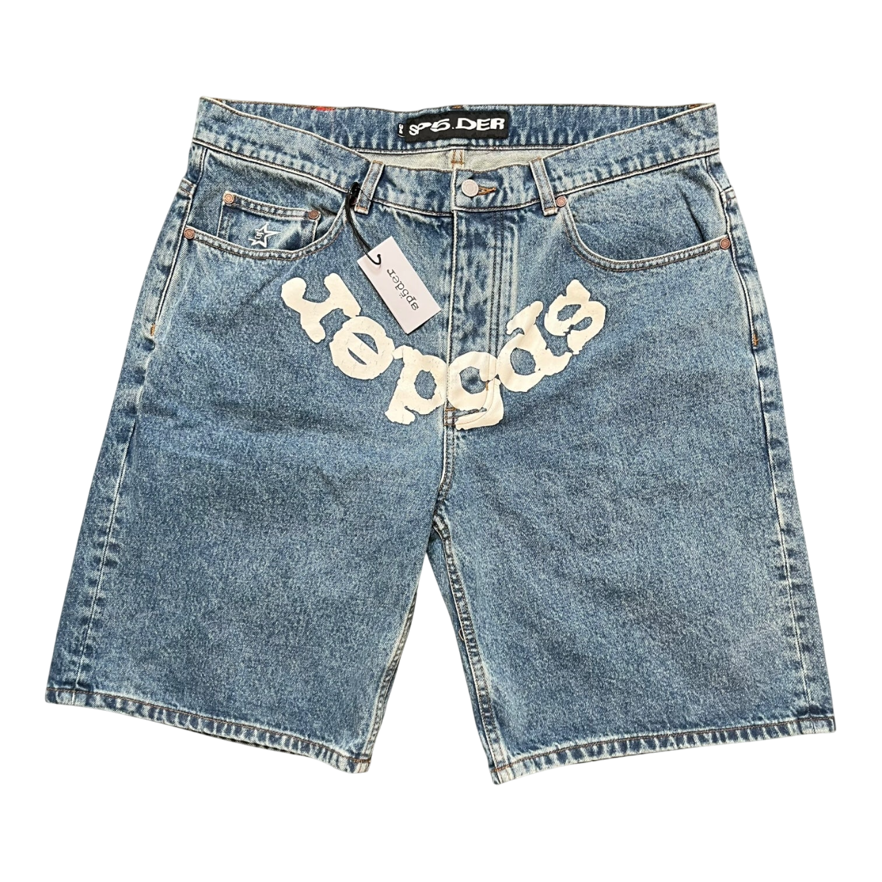SP5DER OG LOGO DENIM SHORTS BLUE WASH