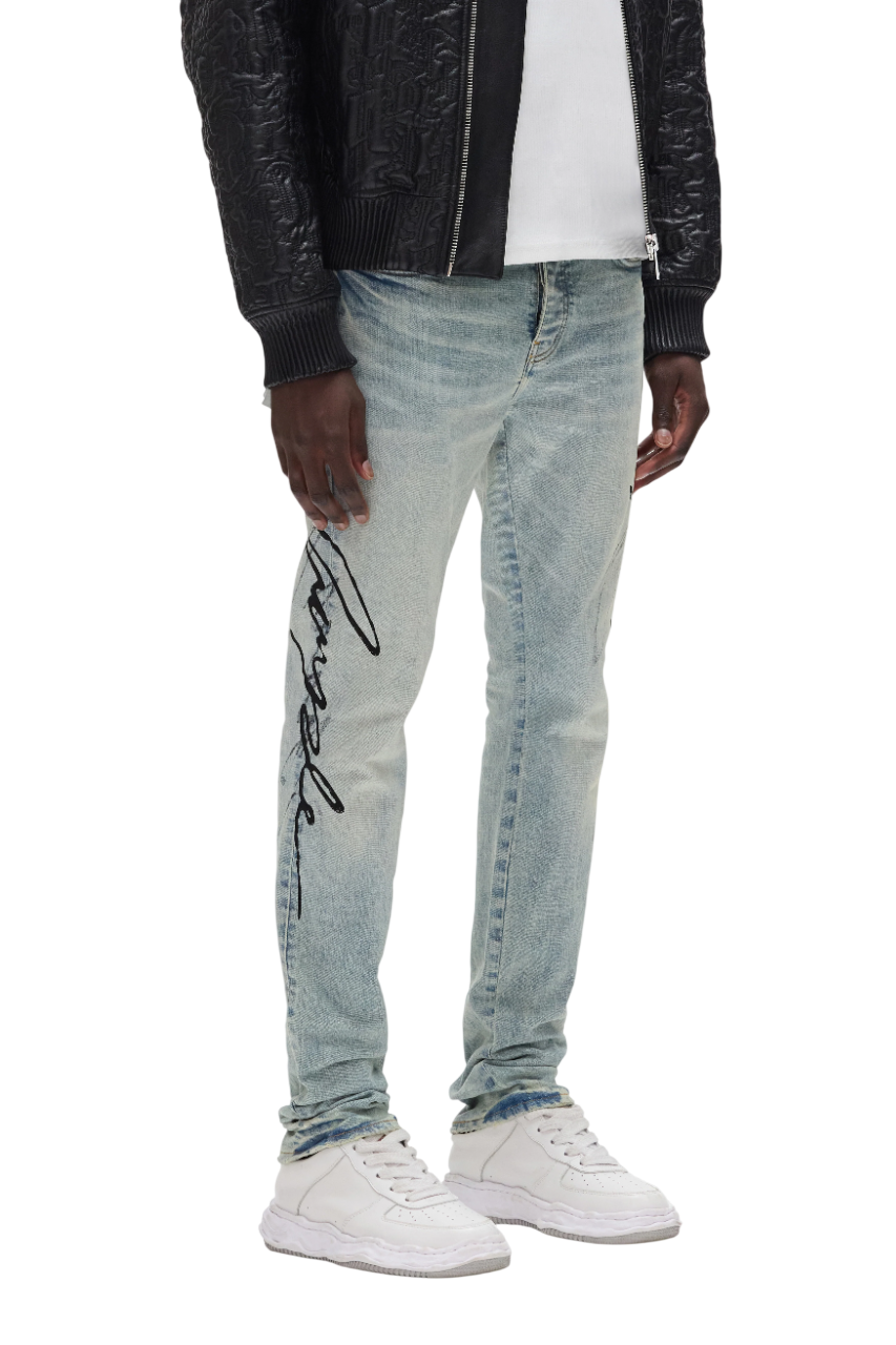 PURPLE BRAND BLUE DOUBLE SCRIPT JEANS P001