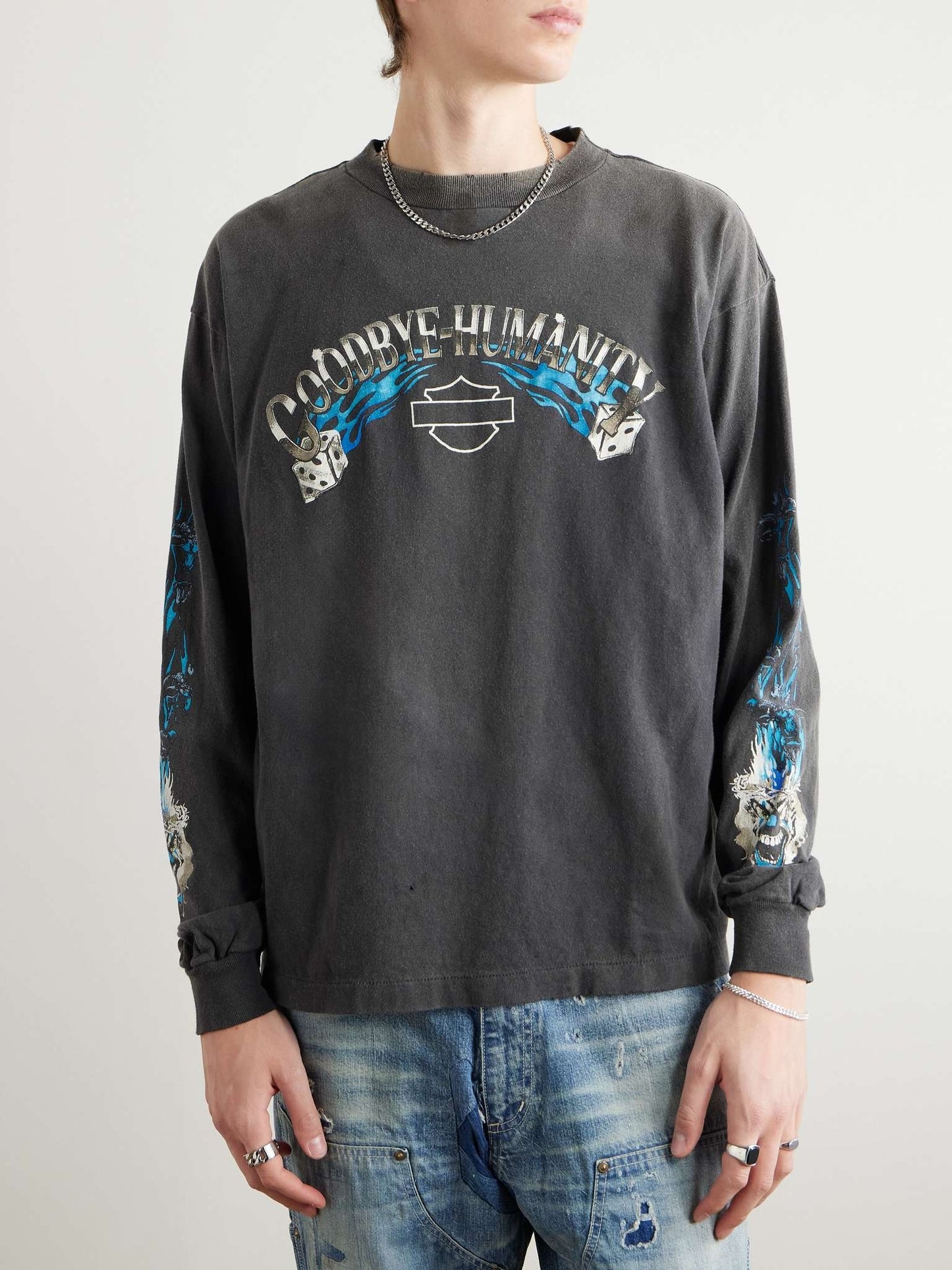 SAINT Mxxxxxx GOODBYE HUMANITY DICE DISTRESSED PRINTED COTTON LONGSLEEVE