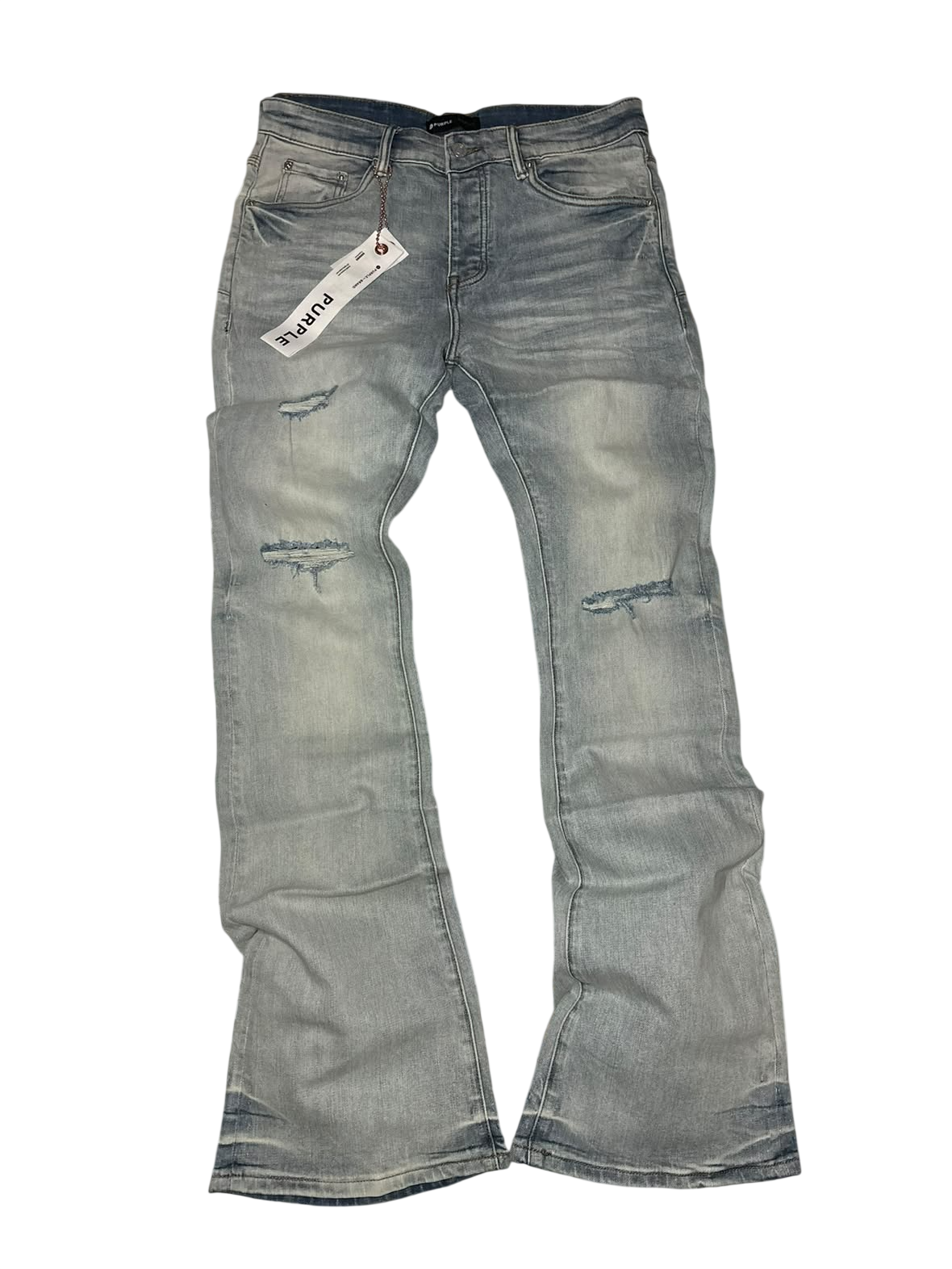 PURPLE BRAND BLEACH BLUE WASH RIPPED FLARED JEANS
