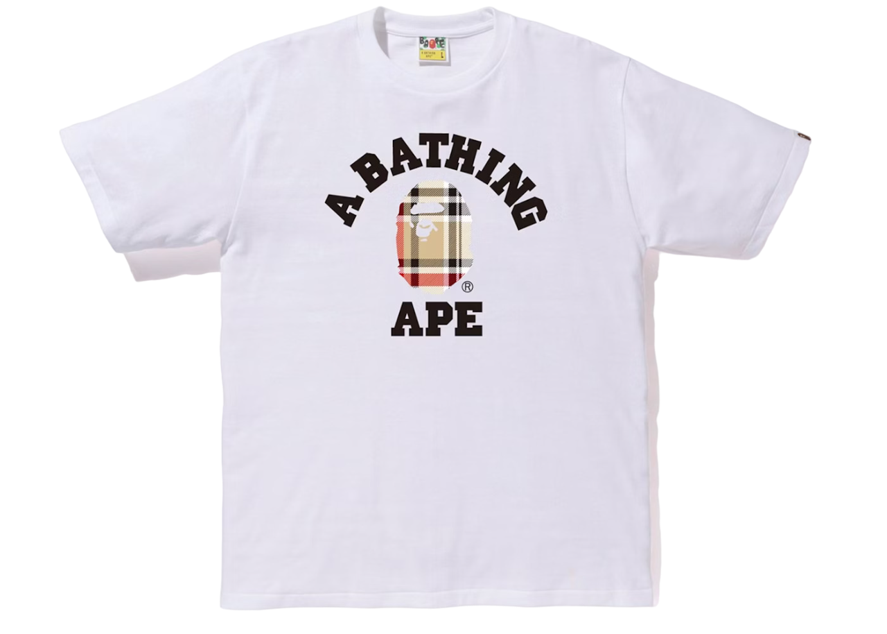 BAPE CHECK COLLEGE TEE WHITE/BEIGE