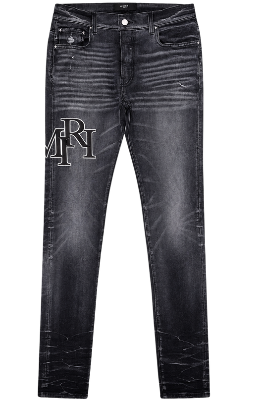 AMIRI EMBROIDERED STAGGERED LOGO JEANS RAIN GREY