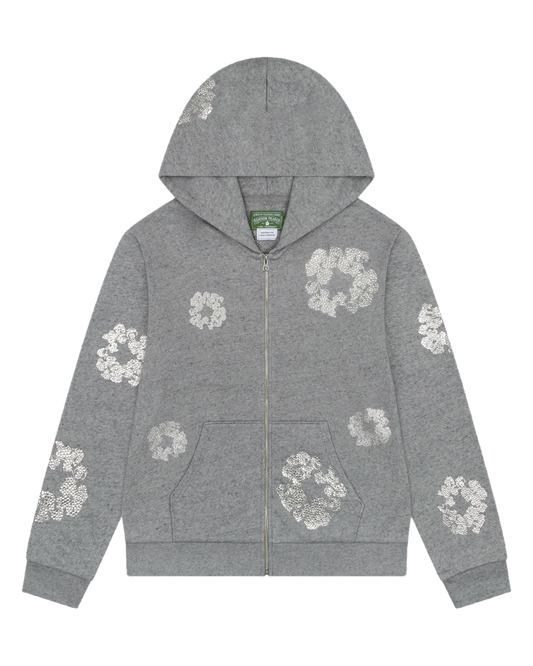 DENIM TEARS CASHMERE SWARVOSKI COTTON WREATH ZIP HOODIE GREY