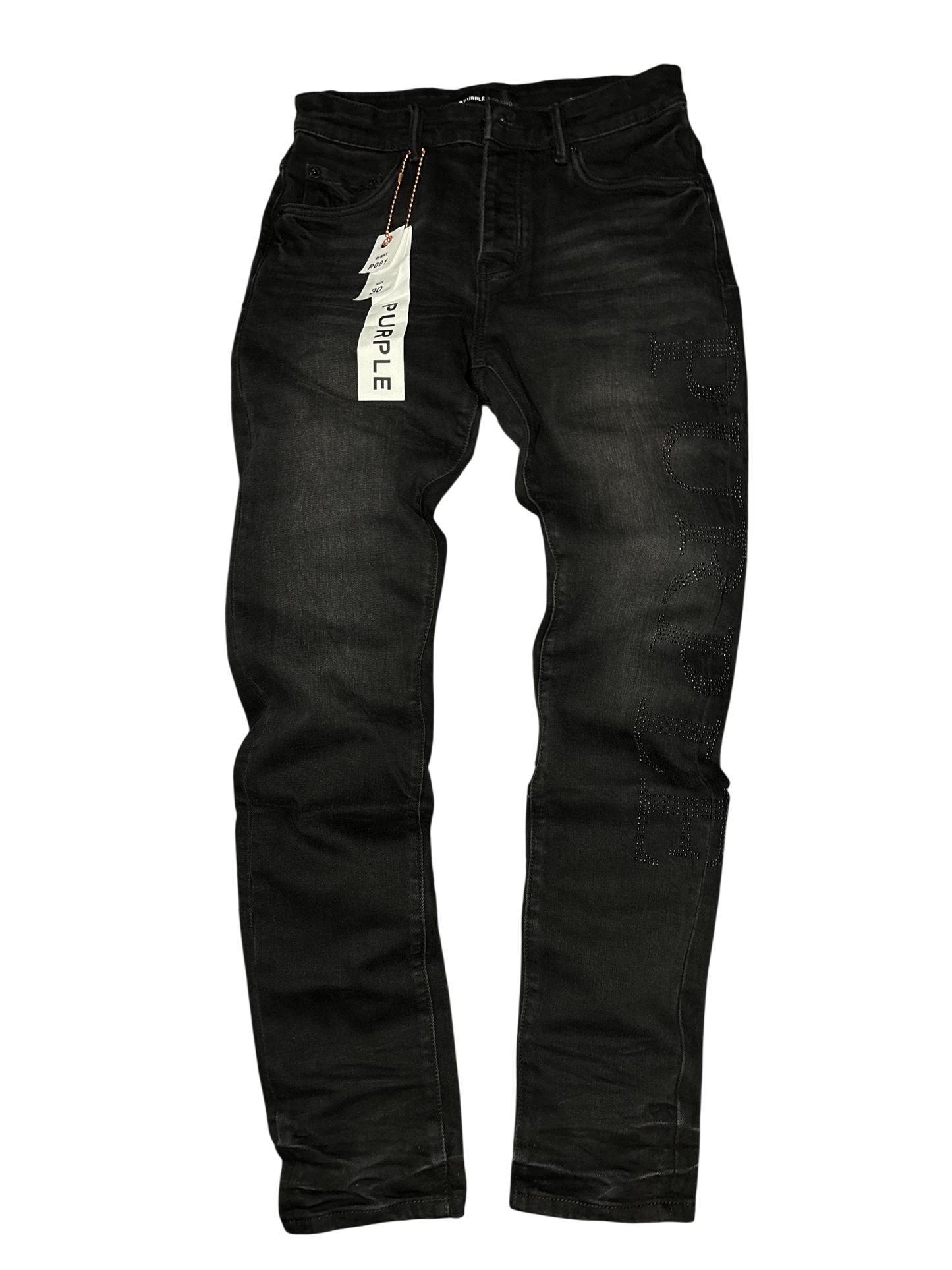 PURPLE BRAND BLACK WASH RHINESTONE LOGO JEANS