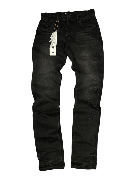 PURPLE BRAND BLACK WASH RHINESTONE LOGO JEANS