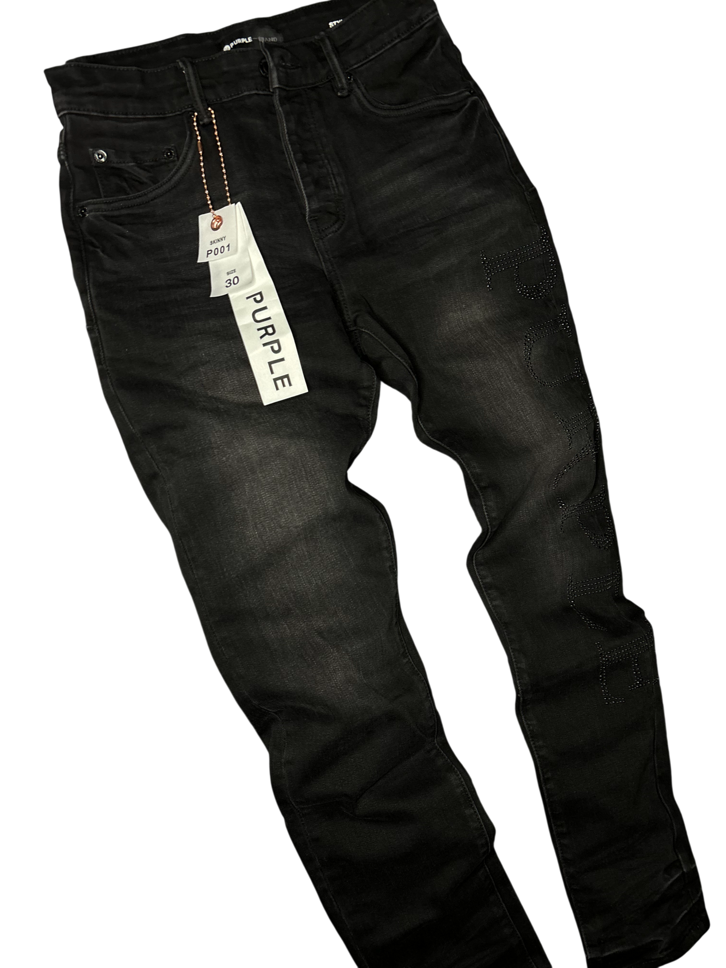 PURPLE BRAND BLACK WASH RHINESTONE LOGO JEANS