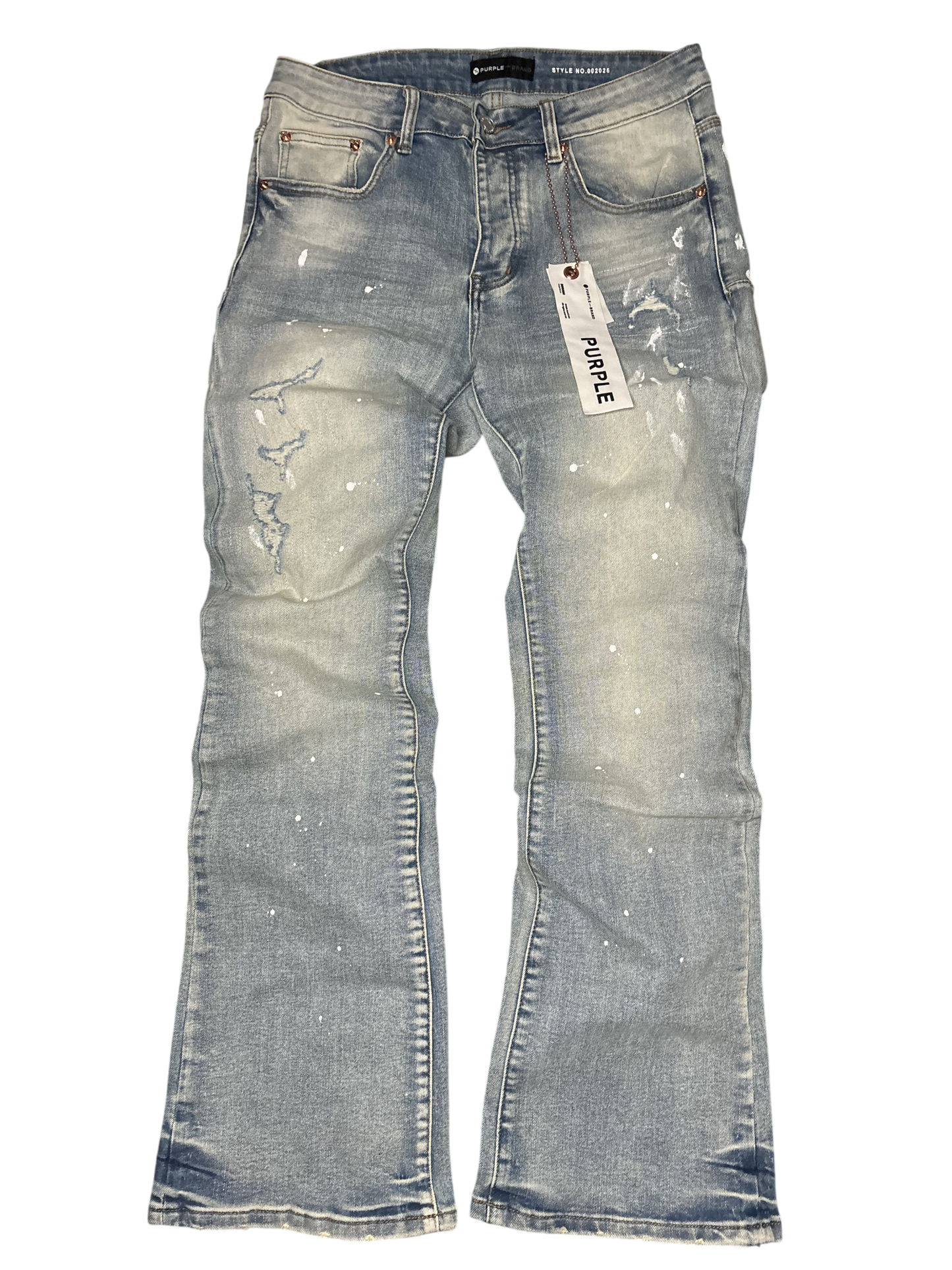 PURPLE BRAND BLUE FLARED JEANS WHITE PAINT
