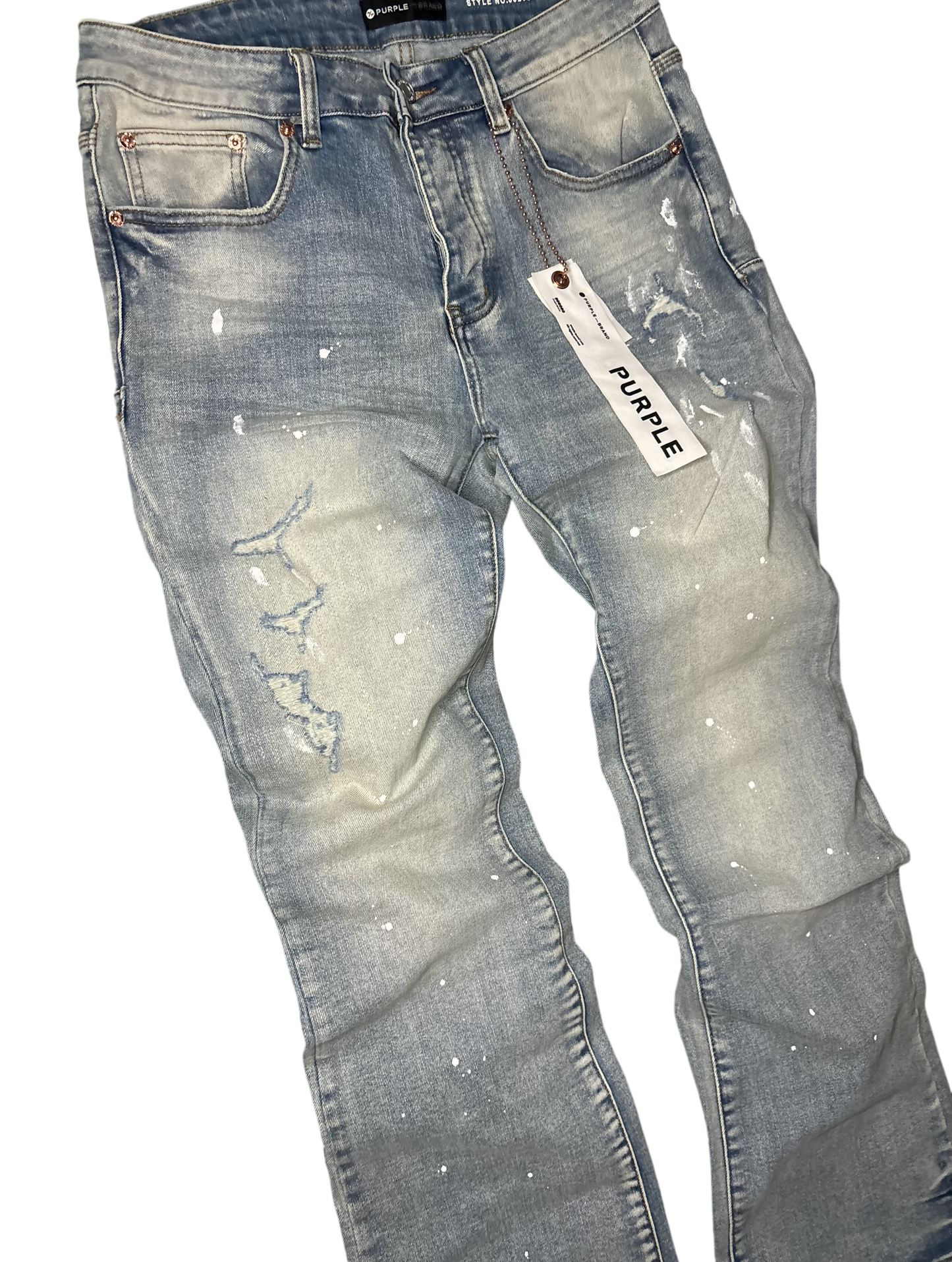 PURPLE BRAND BLUE FLARED JEANS WHITE PAINT