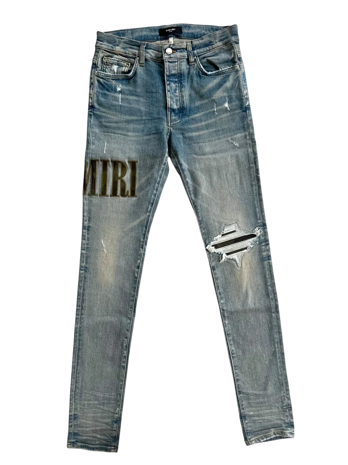 AMIRI CLAY INDIGO CAMOFLAUGE CORE APPLIQUE LOGO JEANS