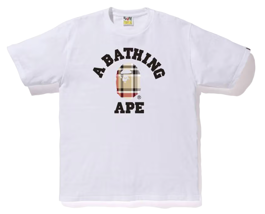 BAPE CHECK COLLEGE TEE WHITE/BEIGE